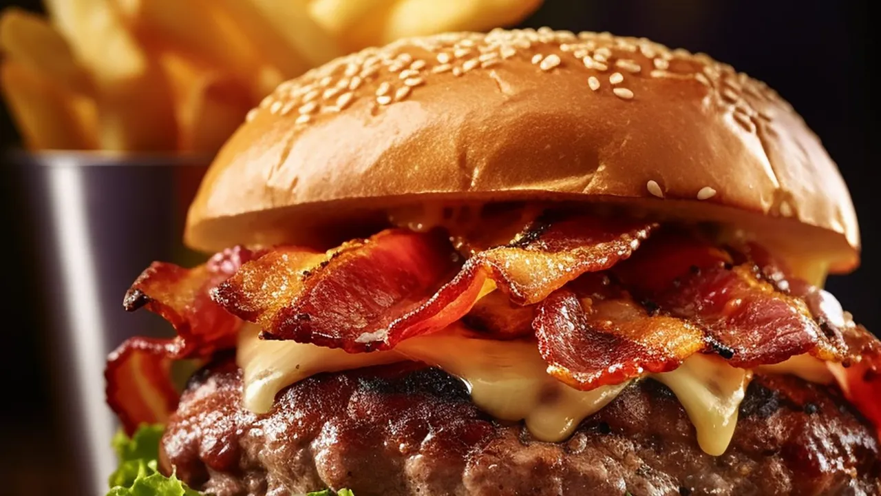 Hambúrguer artesanal com bacon e queijo acompanhado de batatas fritas
