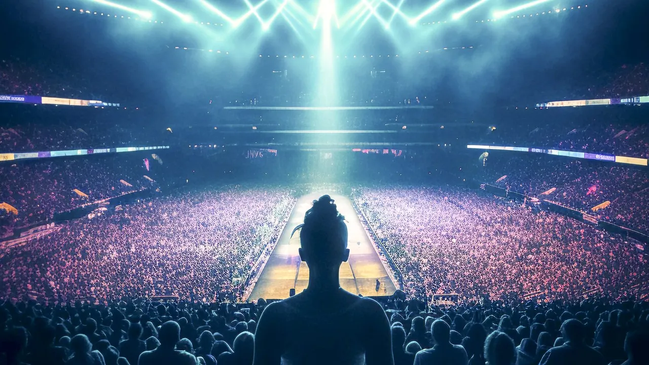 Artista no palco diante de uma grande plateia em um show